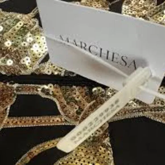 Marchessa Notte Lotus black gold floral sequin bow cocktail holiday midi dress 6 - Picture 8 of 8